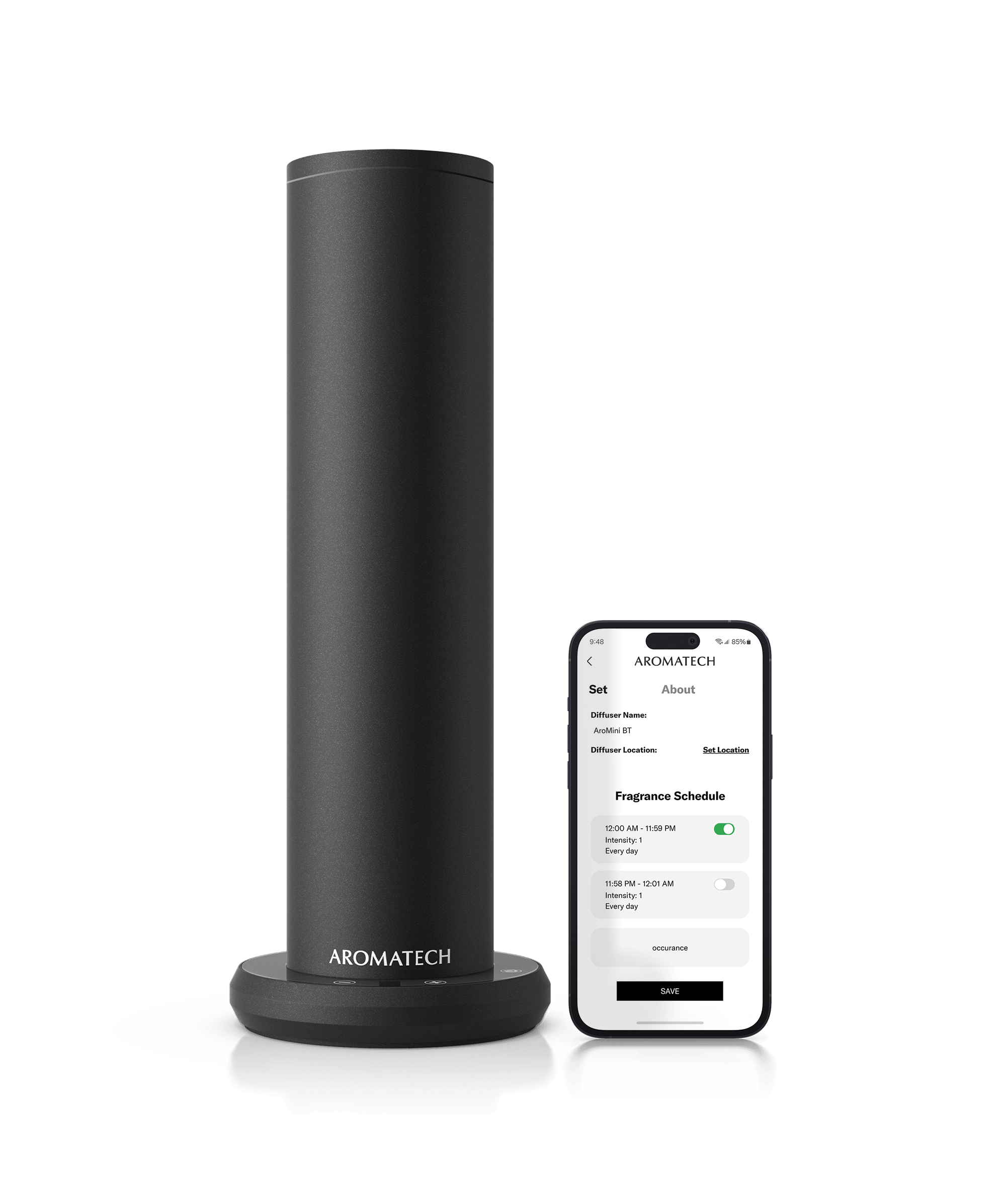 Black AroMini® BT Plus next to a phone showing the 168极速赛车官方开奖平台app with a transparent background
